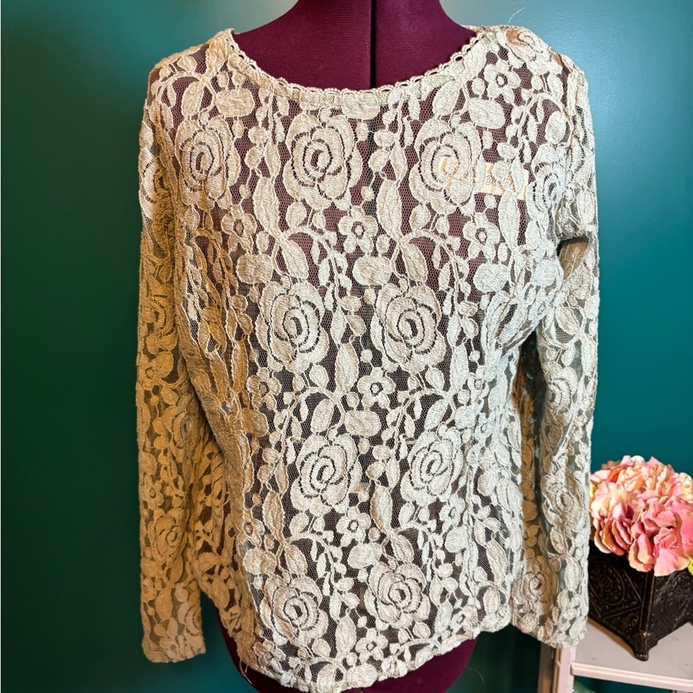 LC Lauren Conrad Grayish Green Embellished Long Sleeve Blouse